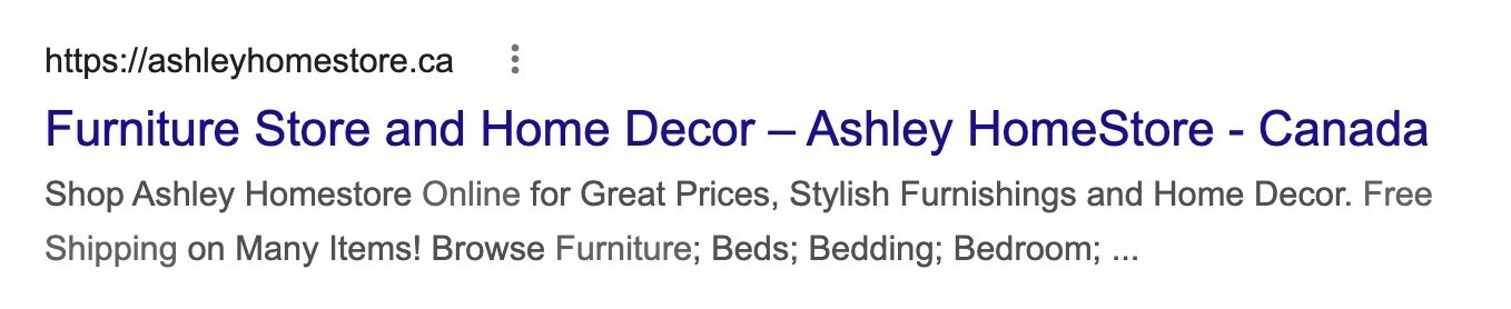 “Furniture Store and Home Decor” title tag on SERP