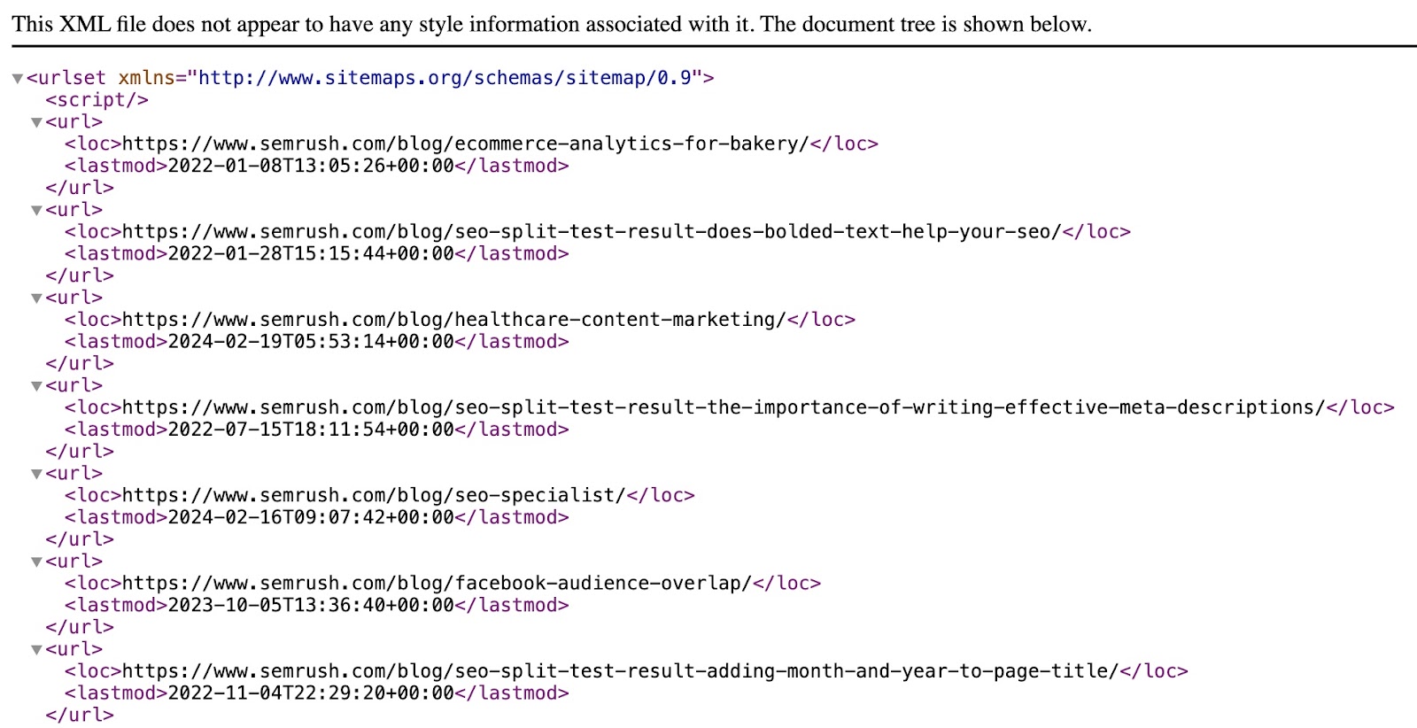 xml sitemap for Semrush's blog showing a full list of URLs in plain text so crawlers can easily access them