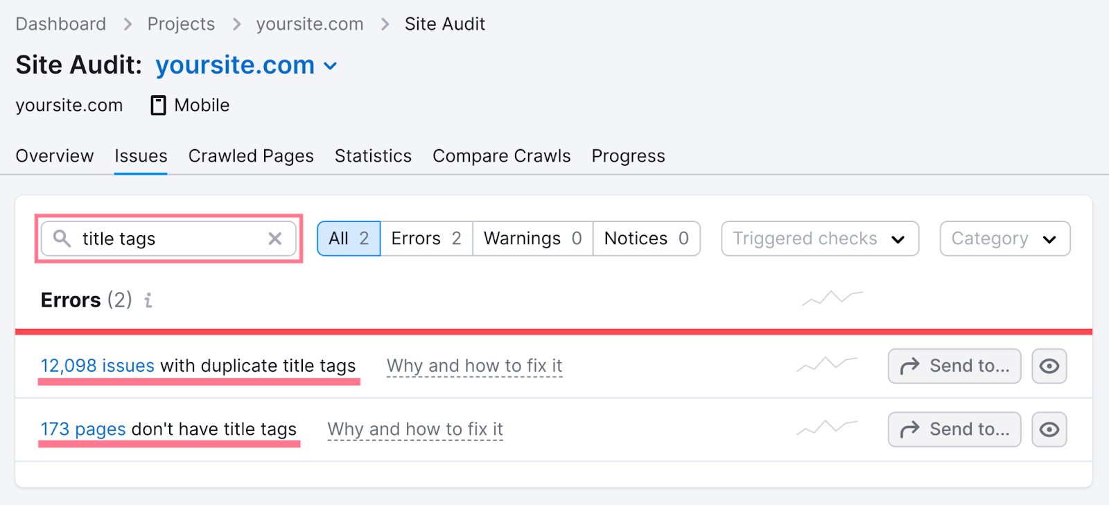 Title tag errors shown in the "Issues" tab of the Site Audit tool