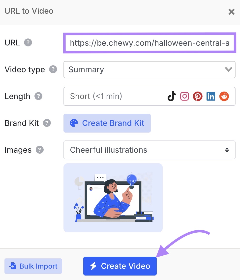 URL to Video settings on AI Video Marketing Automator with a URL entered and video settings like length, images etc. selected.