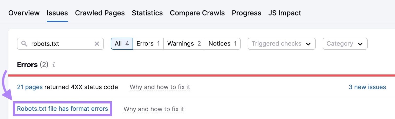 a list of issues showing on Site Audit for the “robots.txt” search with "Robots.txt file has format errors" clicked