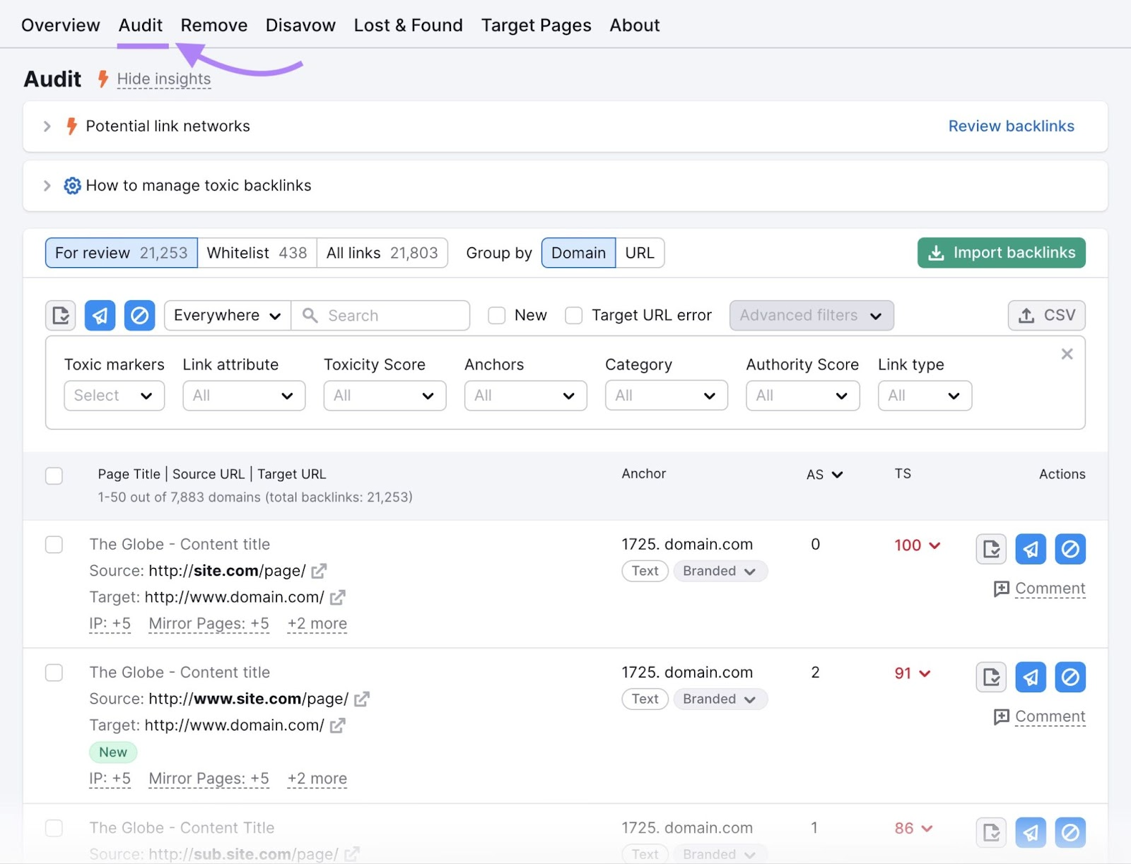 “Audit” report in Backlink Audit tool shows backlinks by domain