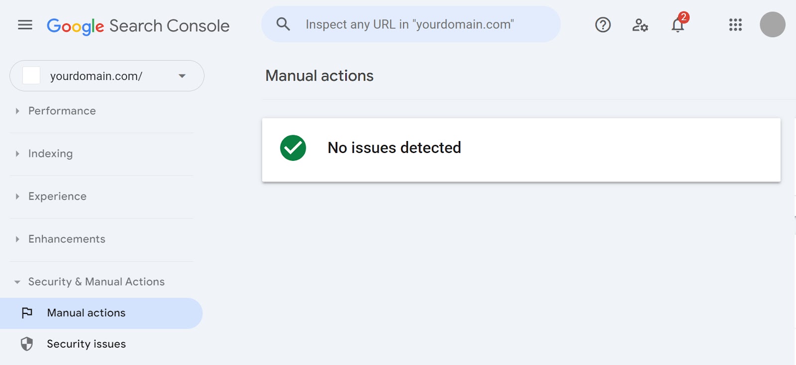 "Manual actions" tab of the Google Search Console tool showing "No issues detected"