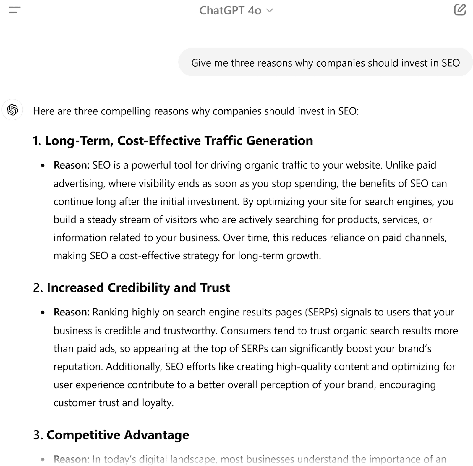 Text from ChatGPT 4o showing a generic response with three reasons why companies should invest in SEO