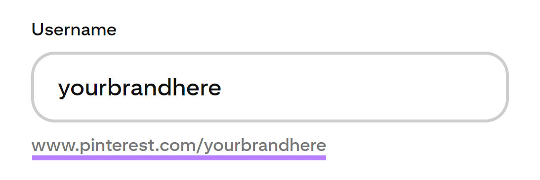 Pinterest username selection screen showing what the profile URL will look like.