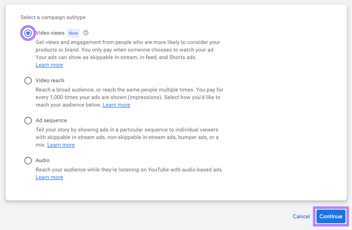 "Video views" option selected under campaign subtypes section