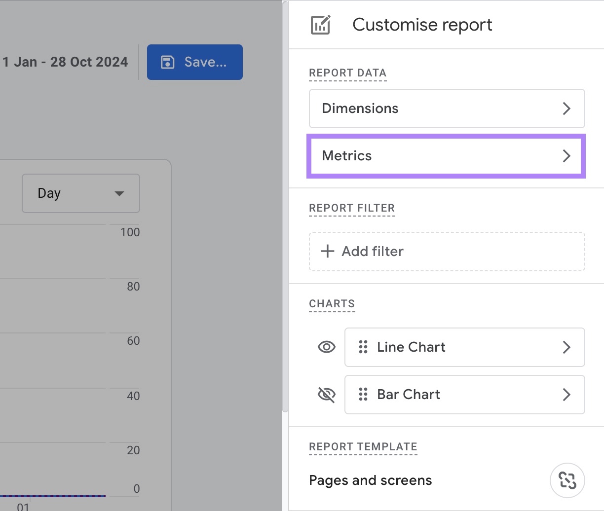 "Metrics" selected from the "Customise report" menu on GA4.