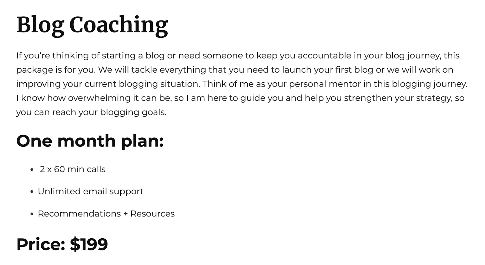 blog coaching description, plan, and price