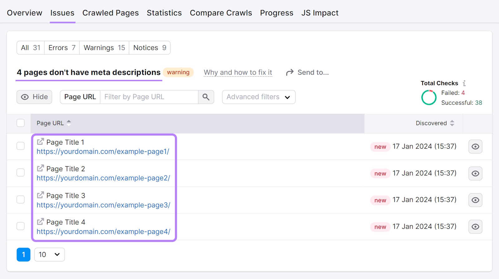 A list of pages missing the meta description shown in Site Audit tool