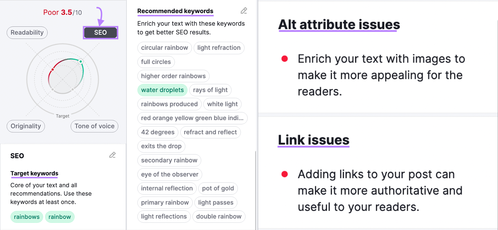 “SEO” section provides you with SEO-specific suggestions to optimize content