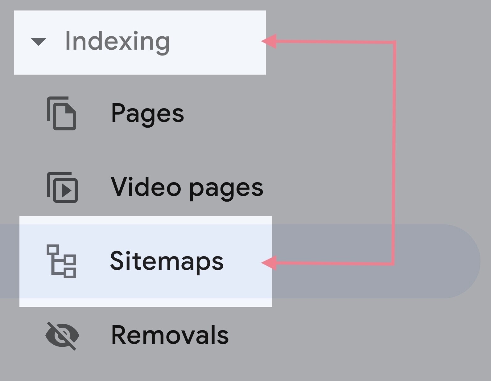 Google Search Console menu with “Sitemaps” under the “Indexing” section clicked