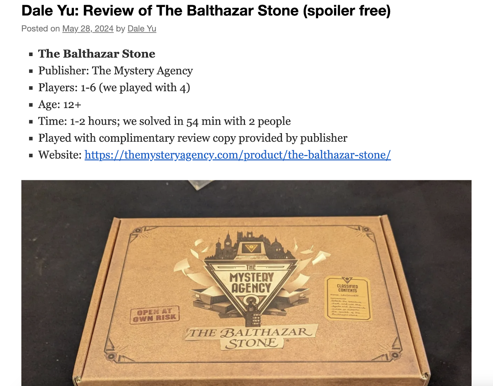 board game review example for a game called the balthazar stone