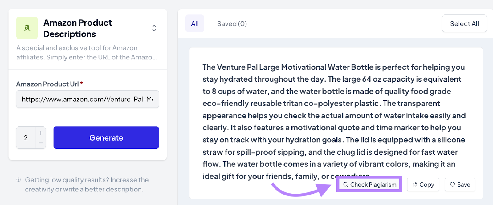 "Check Plagiarism" with Amazon Product Descriptions tool