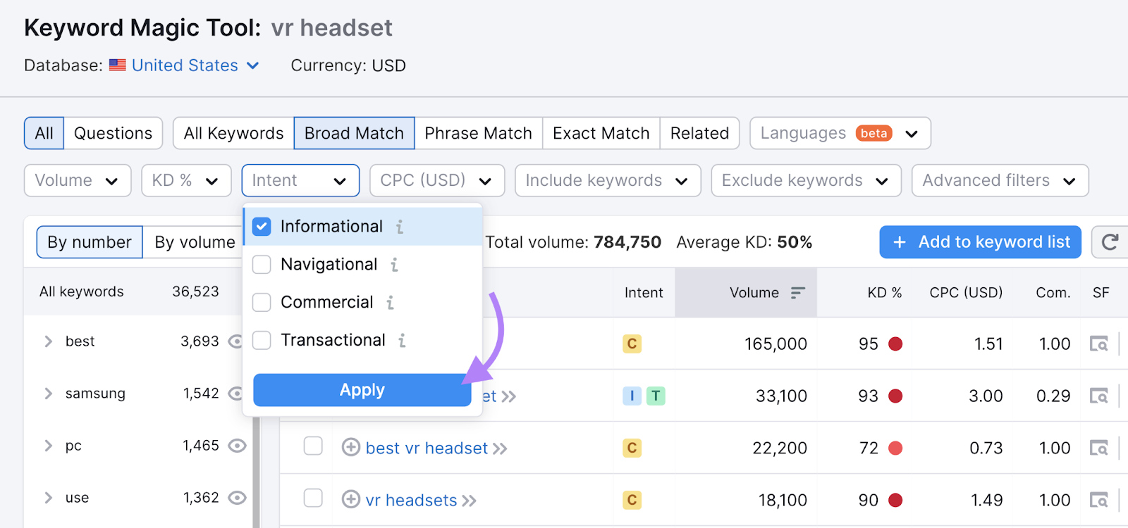 intent filter with informational option highlighted