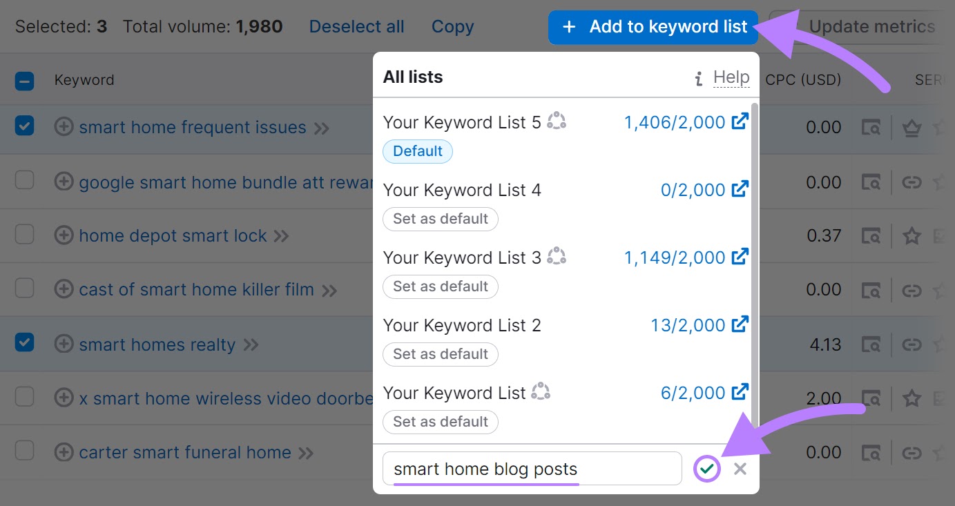 "Add to keyword list" drop-down menu in Keyword Magic Tool