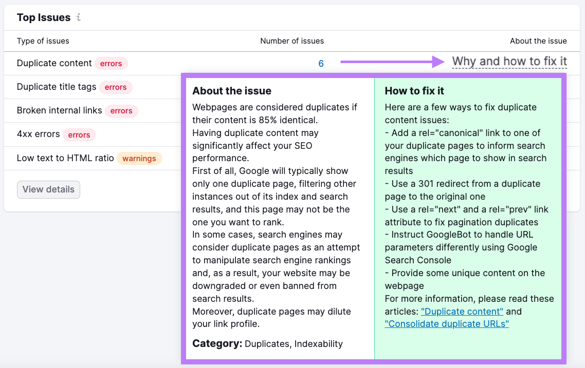 An example of “Why and how to fix it” section in Site Audit