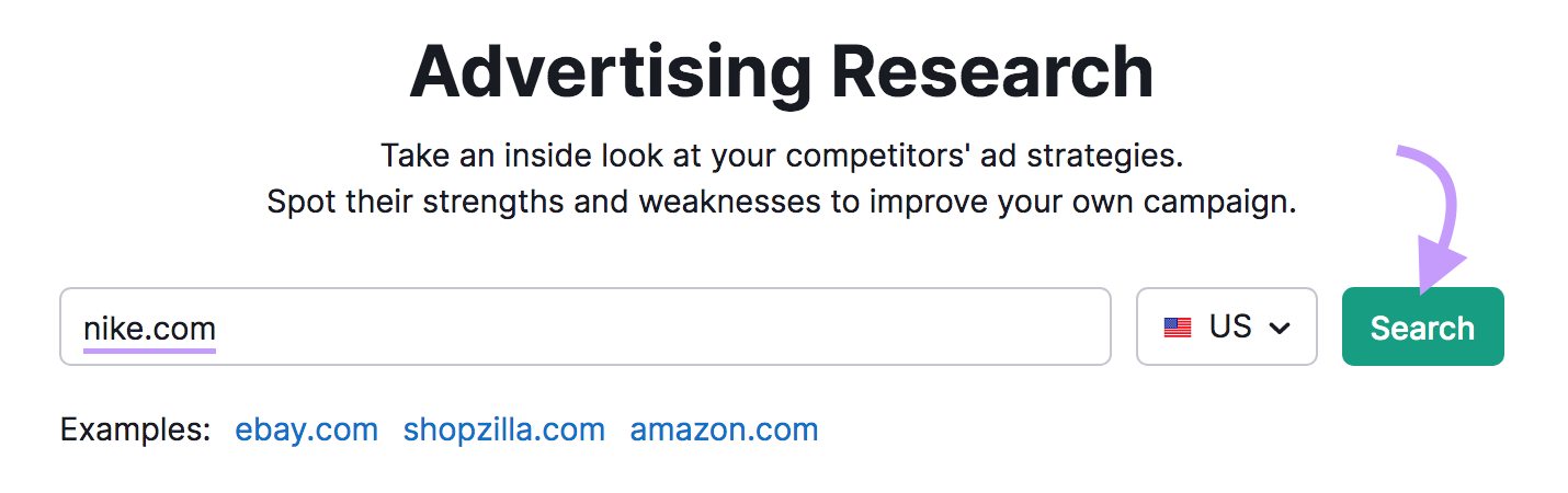 "nike.com" entered into the Advertising Research tool search bar