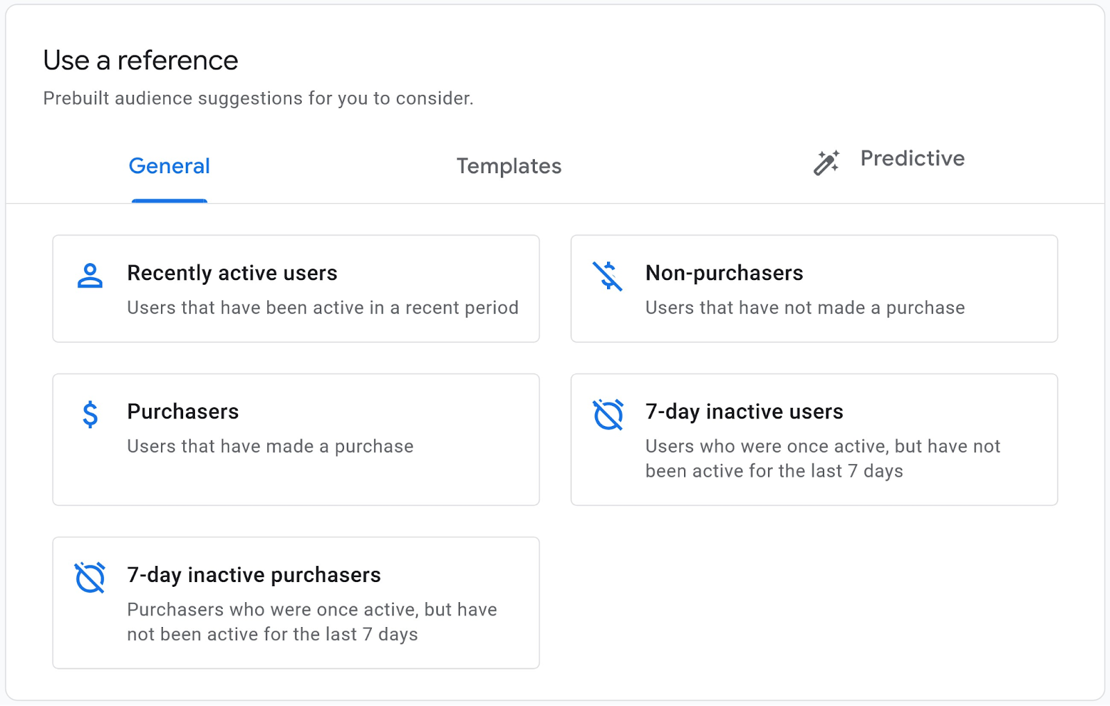 "General" tab under "Use a reference" for prebuilt audience window in GA4
