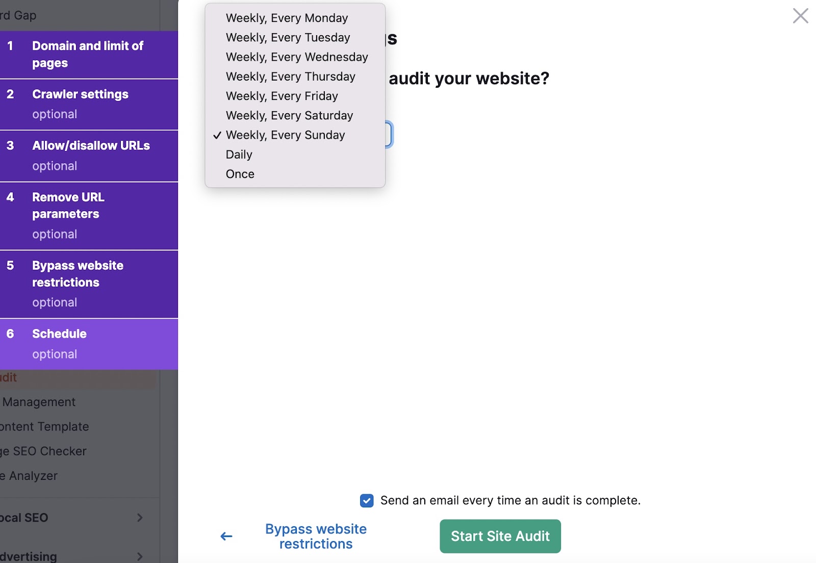 “Weekly, Every Sunday" selected under Site Audit schedule