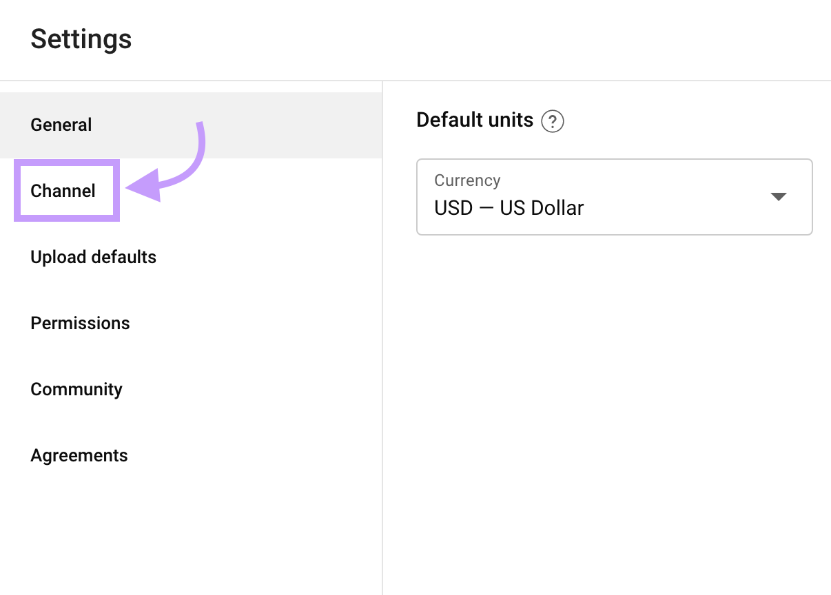 "Channel" selected under YouTube Studio "Settings" pop-up
