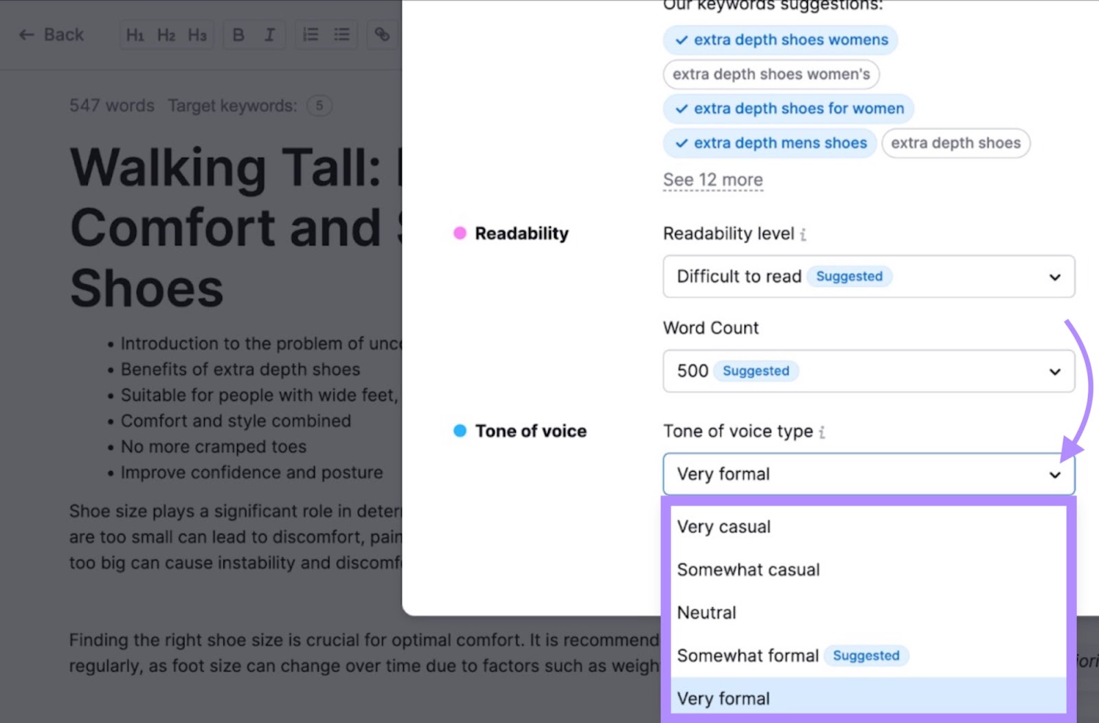 Tone of voice in ContentShake tool