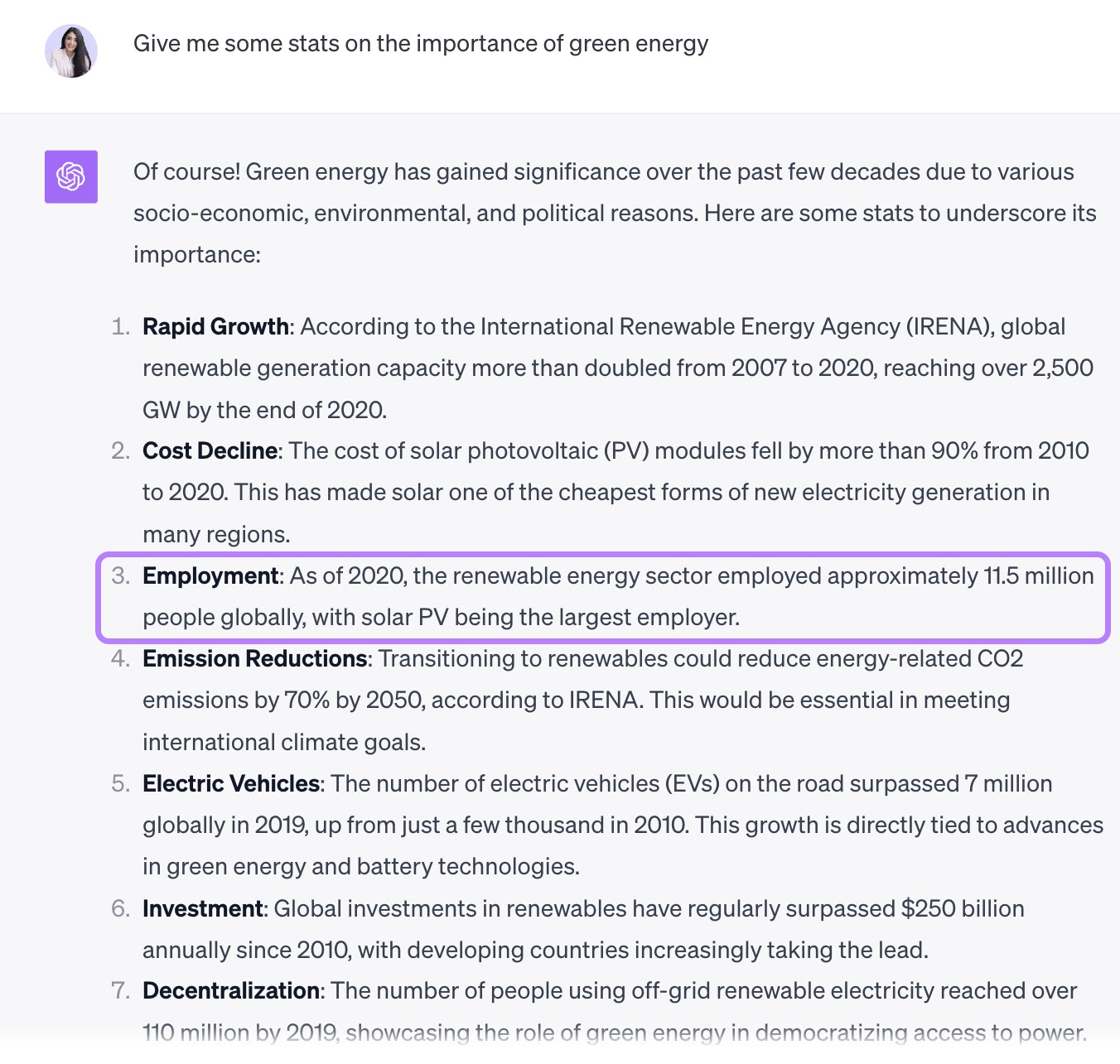 ChatGPT's response to a prompt asking it to provide some stats on the importance of green energy