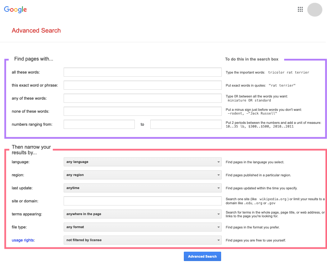 Google's Advanced Search filters page