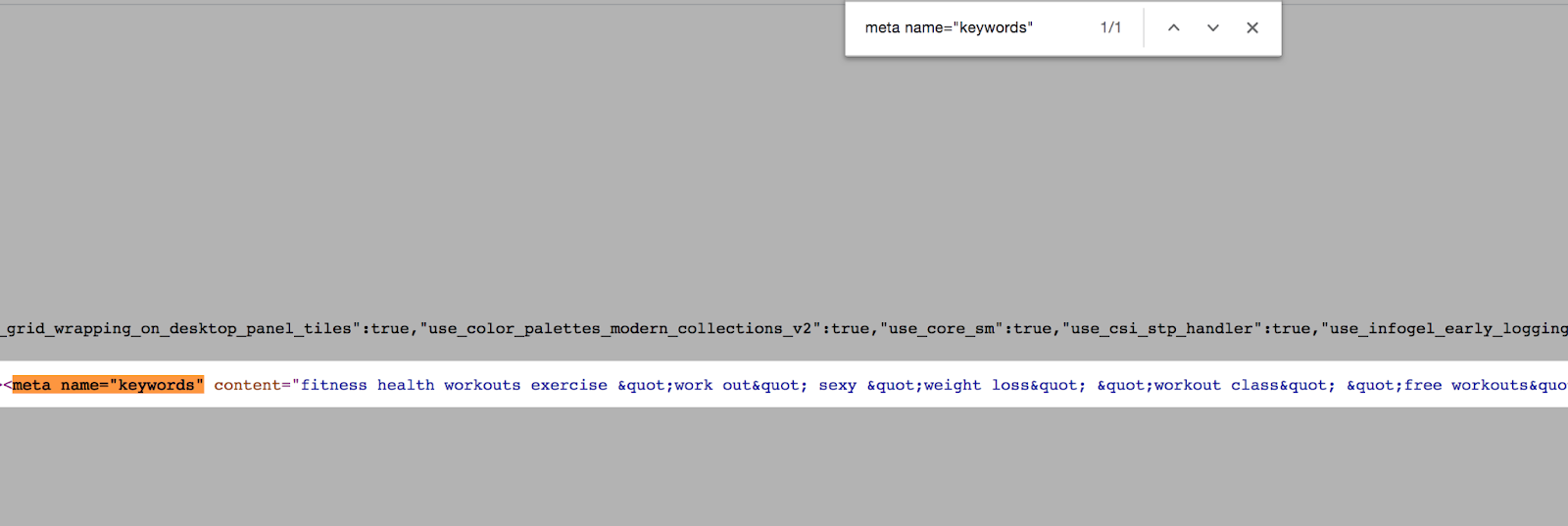 Searching POPSUGAR Fitness page for "meta name=“keywords”