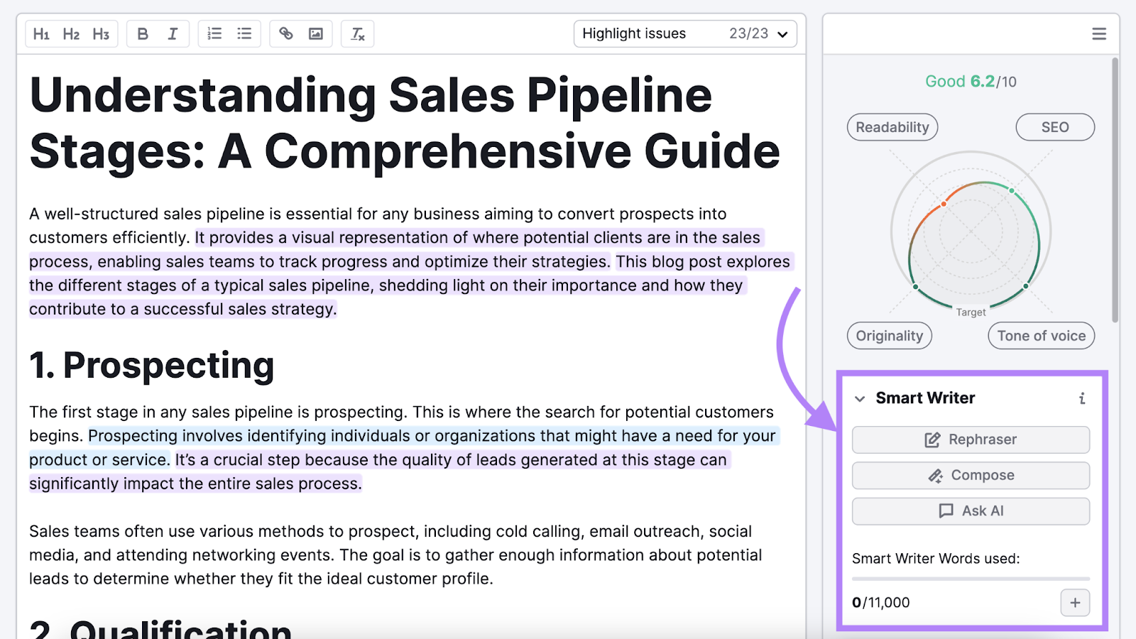 smart writer tools highlighted such as rephraser, compose, and ask ai to improve seo