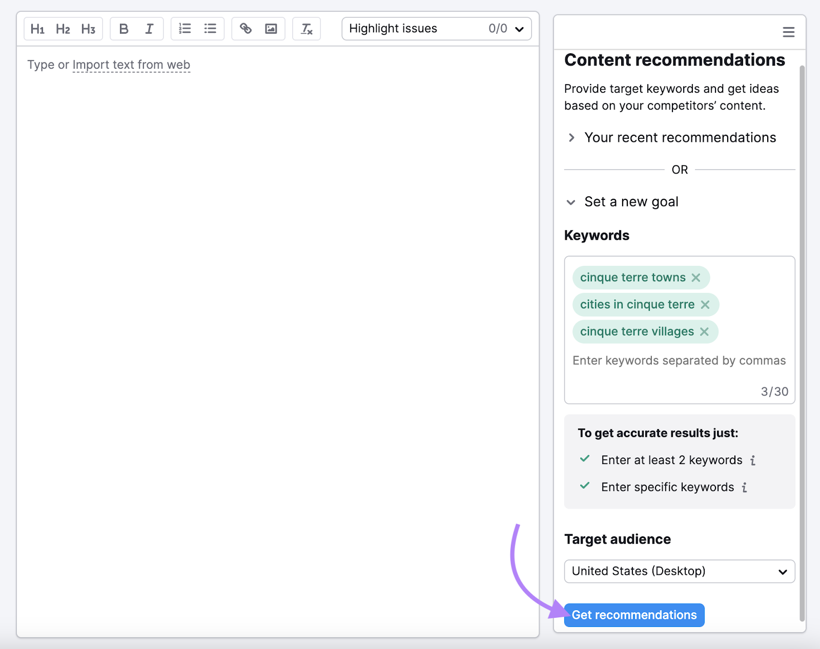 keywords like cinque terre towns, cities in cinque terre, and cinque terre villages entered into SEO Writing Assistant