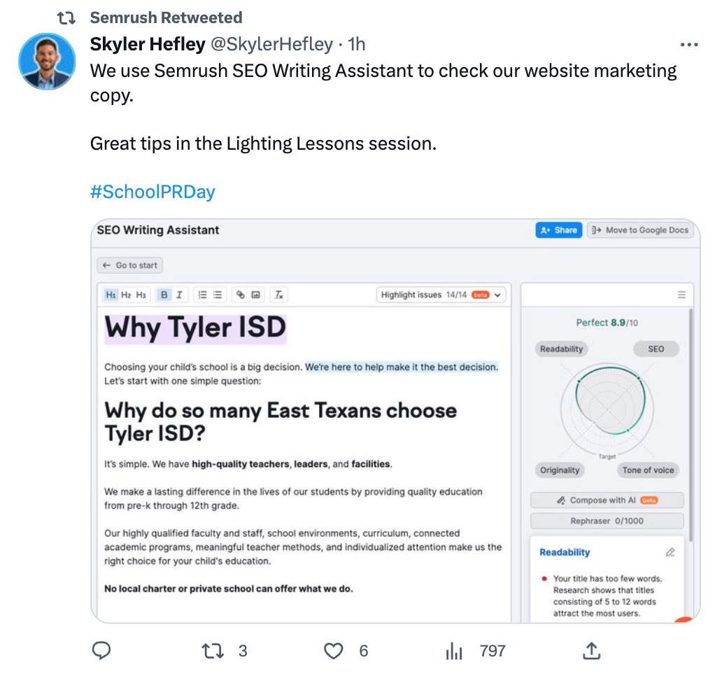 semrush retweeted post by a marketer who shows how they use seo writing assistant tool