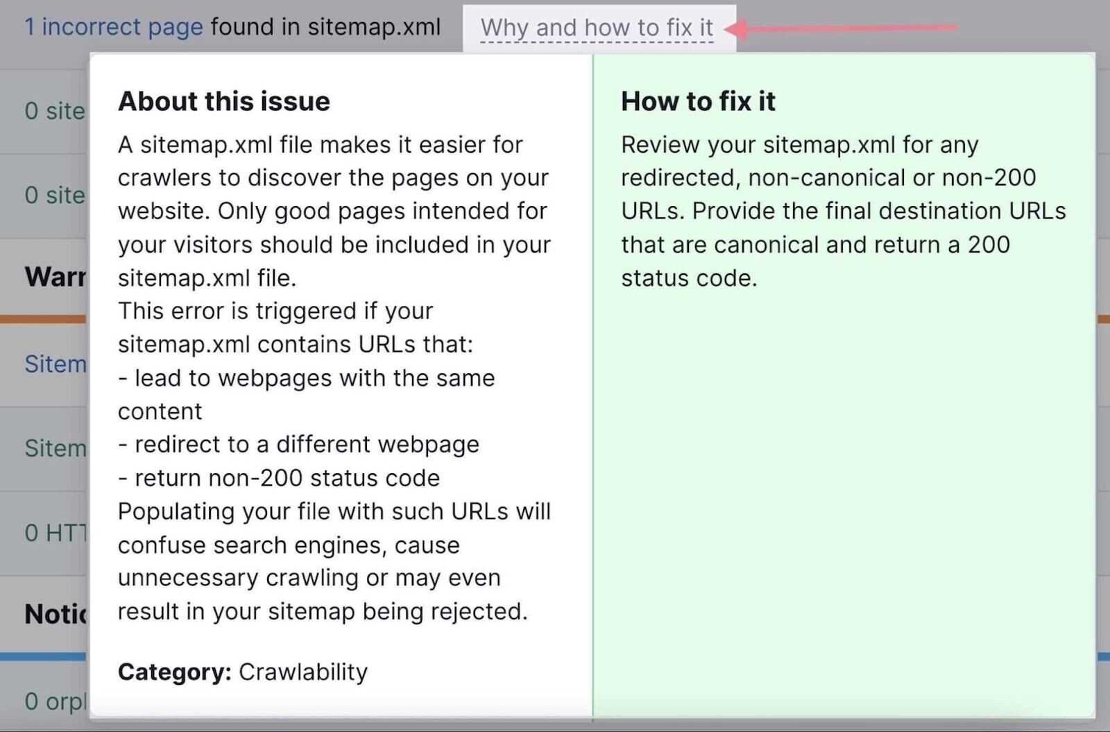 "Why and how to fix it" window of the Site Audit tool.