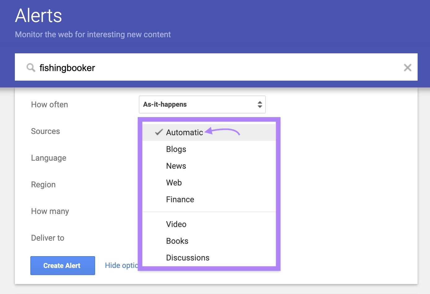 "Sources" drop-down opened and highlighted, and "Automatic" selected on Google Alerts options.