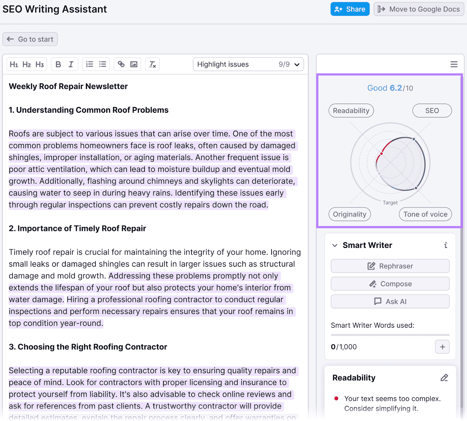 SEO Writing Assistant tool displaying a newsletter draft on the left and a content score of 6.2/10 on the right.