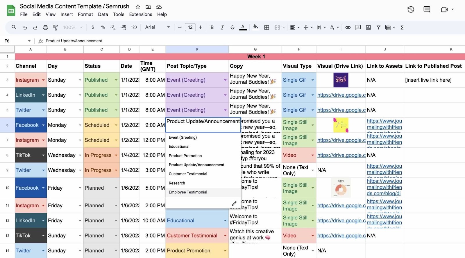 Social media content calendar template with examples of social media platforms and the content to be posted on each one on different days.