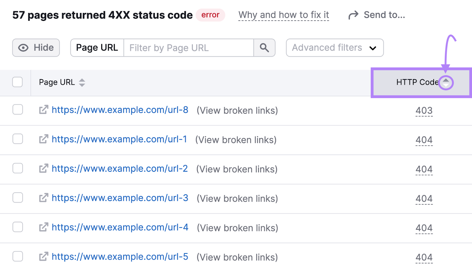 “HTTP Code” column highlighted in the list