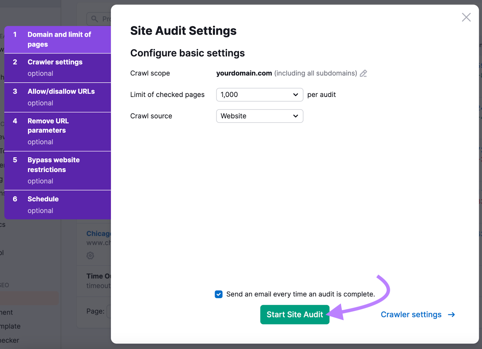 site audit settings menu