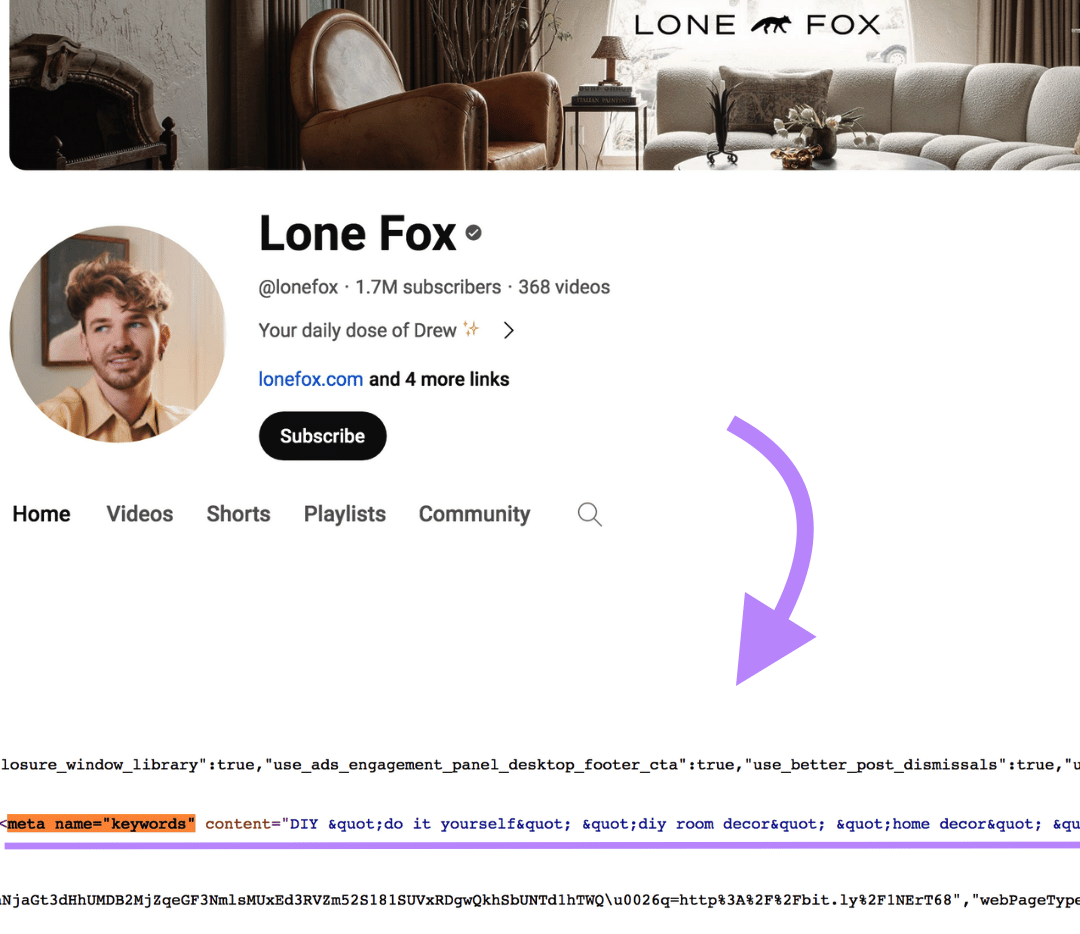 Lone Fox's channel keywords include “DIY room decor,” “home decor,” and more