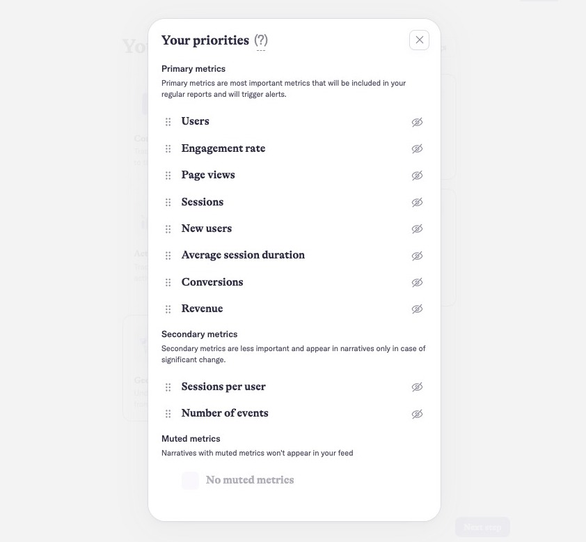 "Your priorities" window on AI Narratives for GA4 with a list of primary and secondary metrics to select from.