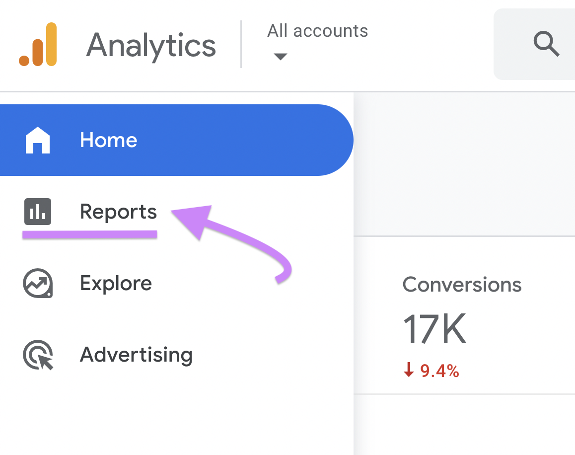 Navigating to “Reports" in GA4 sidebar