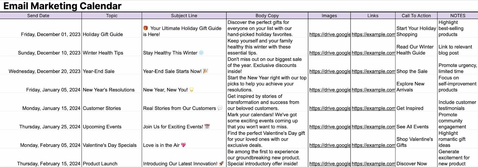 Email marketing calendar