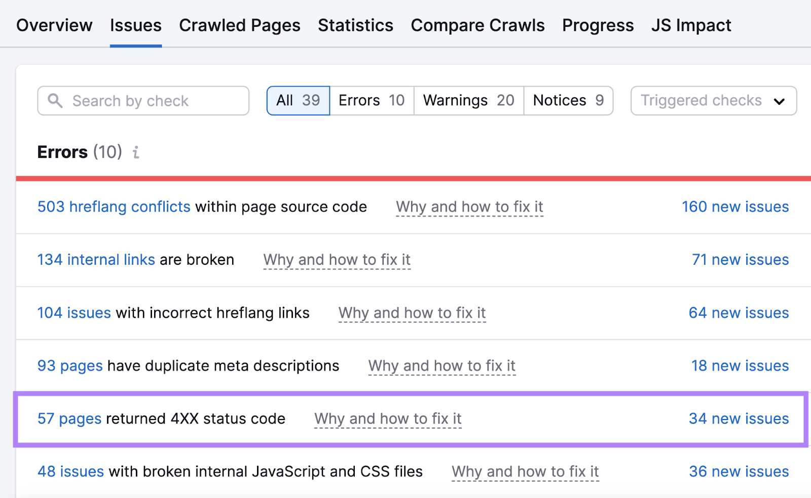 “57 pages returned 4XX status code" error highlighted under the "Errors" list in Site Audit tool