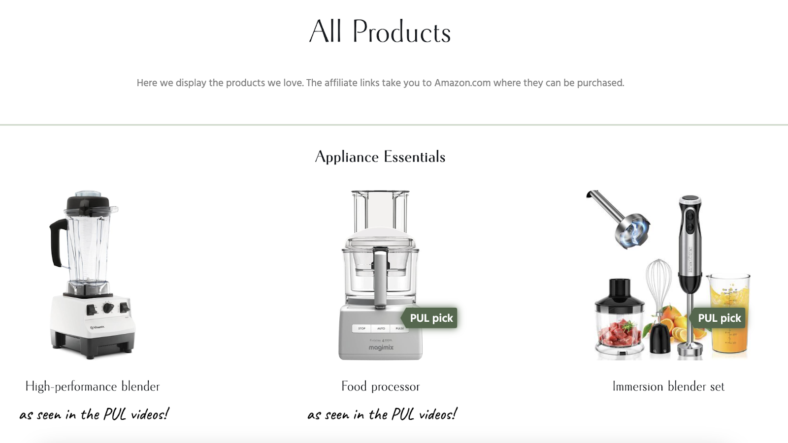 affiliate products page shows appliance essentials like a blender and food processor