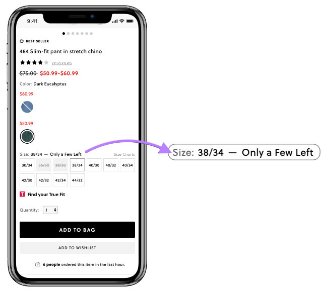 An example of J Crew displays stock levels when the product is close to selling out with a message "only a few left"