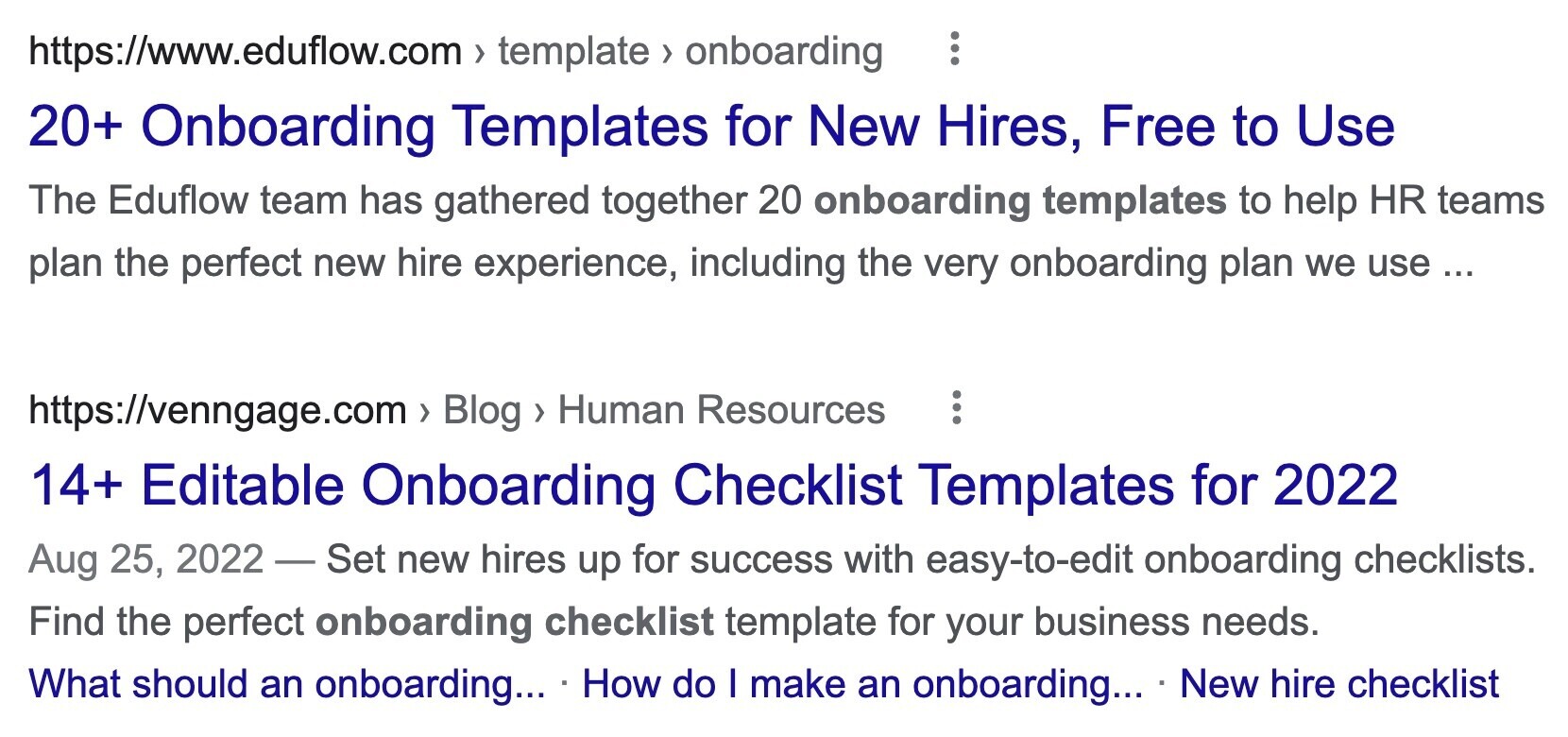 Two search results for "onboarding template" with title examples that didn't get cut off