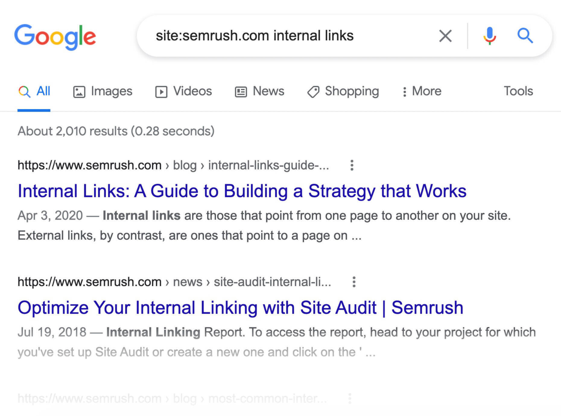 Google results for Semrush pages about internal links