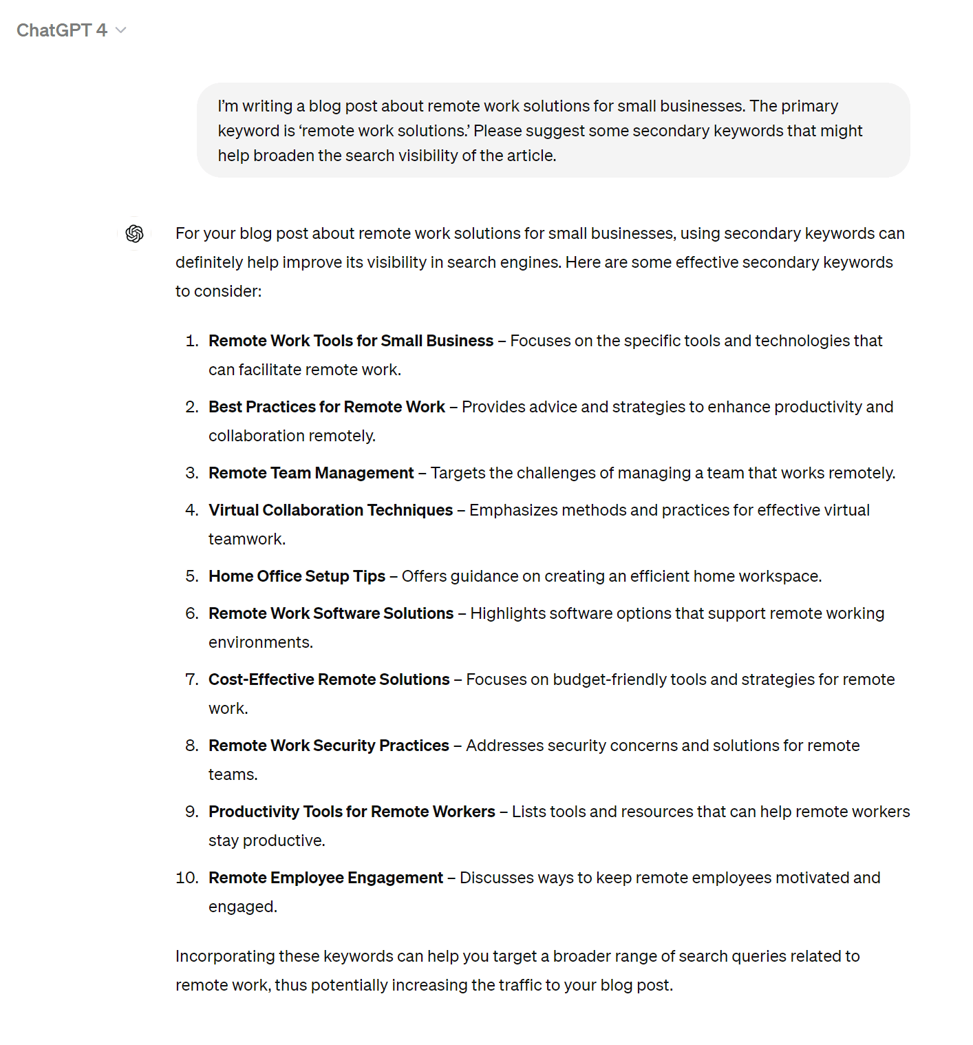 ChatGPT reply with suggestions of secondary keywords for remote work article.