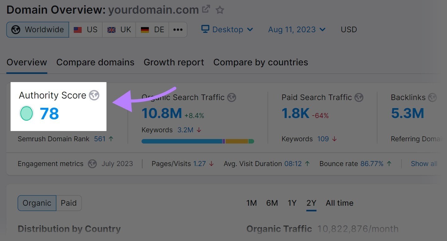 Authority Score metric highlighted in the main “Overview” tab in Domain Overview tool