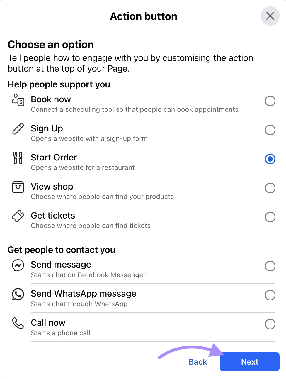 "Start Order" CTA selected from the list of CTAs