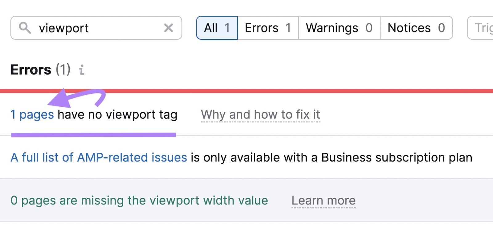 Semrush Site Audit Viewport errors highlighted